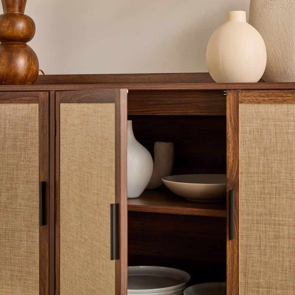 CALICOSY Jetson 3-Door Walnut Sideboard with Fabric Fronts in Dark Brown and Beige – 3
