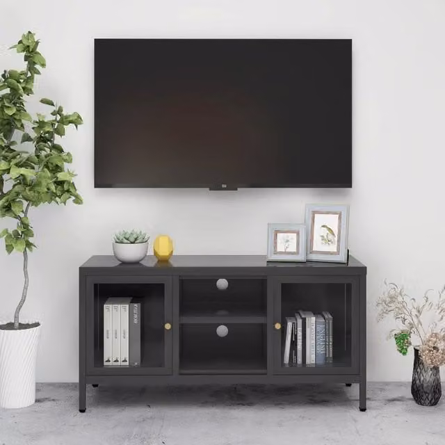 Berkfield Home Anthracite TV Cabinet with Glass Doors and Metal Frame, W/D/H: 105 x 35 x 52 cm