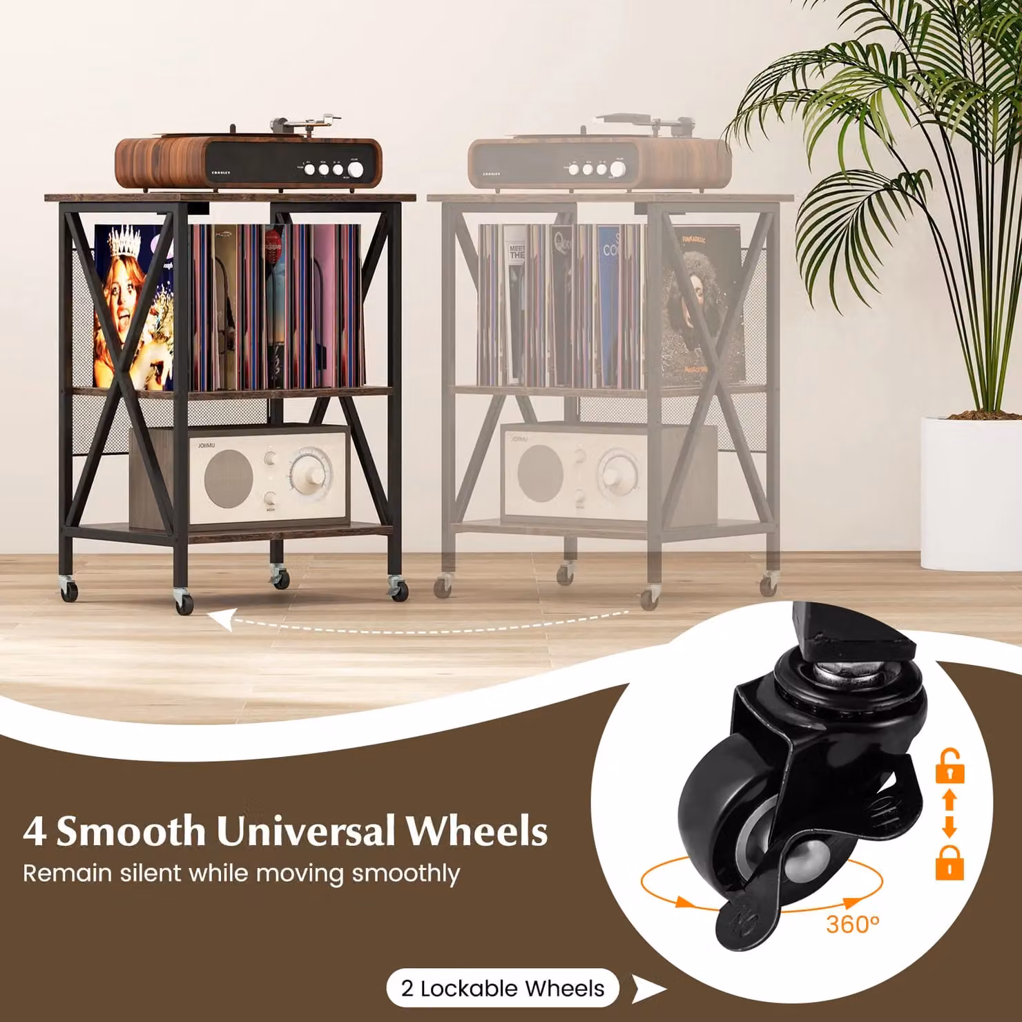 Gymax Brown Industrial Side Table Record Player Stand with Charging Station and Lockable Castors – 4