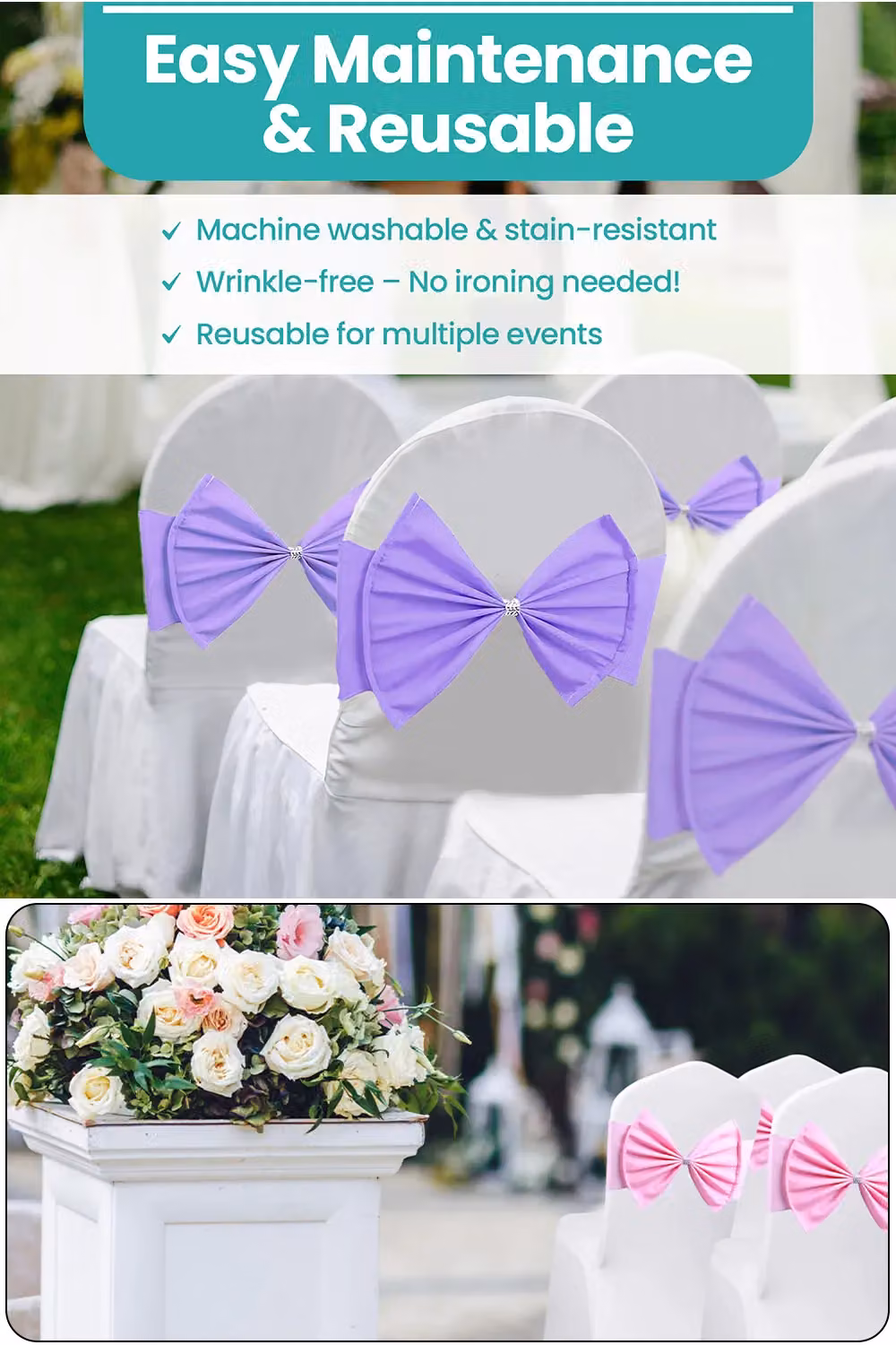 Neel Blue Pack of 10 Lavender Purple Stretchy Chair Sash Bands with Slider Buckles for Parties and Events – 3