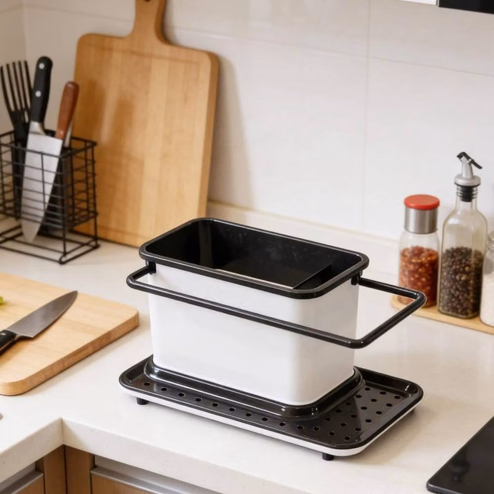 PAWNORA Black and White Plastic Kitchen Sink Organiser with Removable Drip Tray – 3