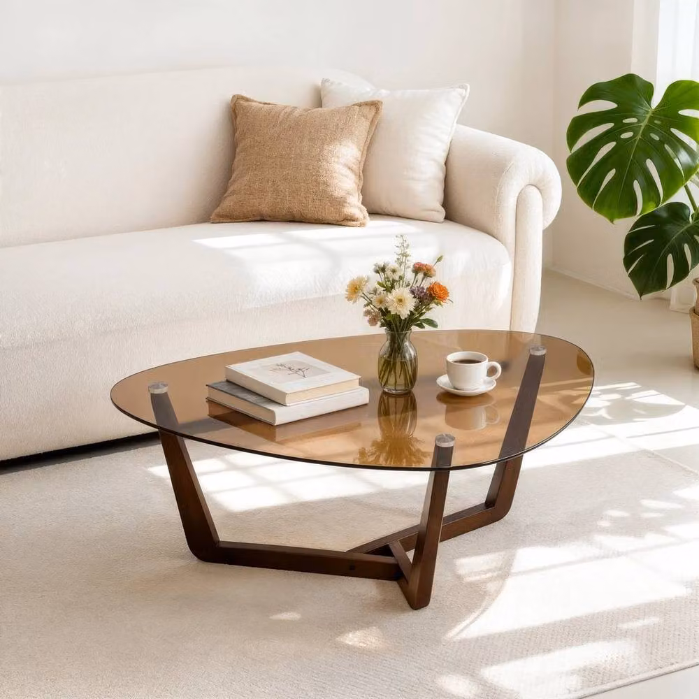 FORGEVIO Modern Oval Glass Coffee Table with Rubberwood Legs in Amber and Brown – 2