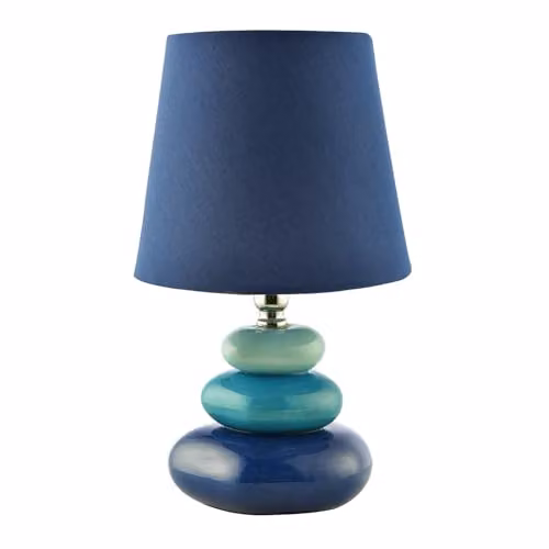 Happy Homewares Modern Ceramic Pebble Table Lamp in Blue, Turquoise and Petrol with Fabric Shade, H 30 cm x W 18 cm x D 18 cm