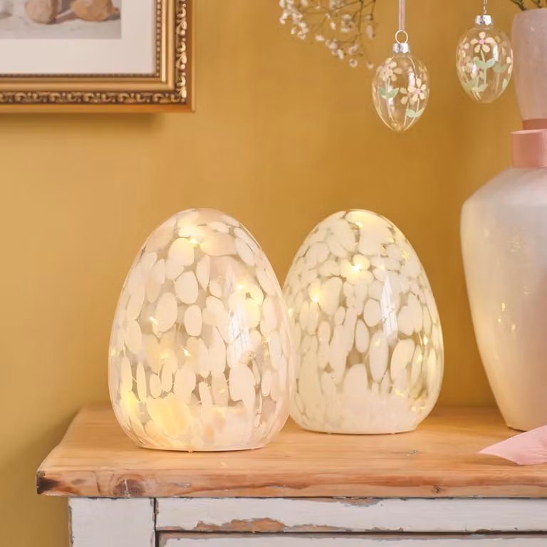 Set of 2 Confetti Glass Easter Egg Tabletop Lights in Pink and White