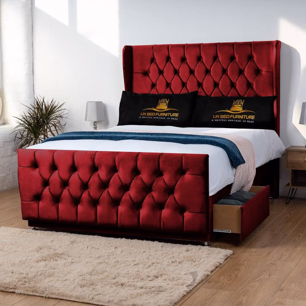 UK Bed Furniture Balamore Wingback Divan Bed Base with 54 Inch Headboard in Red Velvet, Super King, W/D/H: 200 x 137.16 x 200 cm – 2