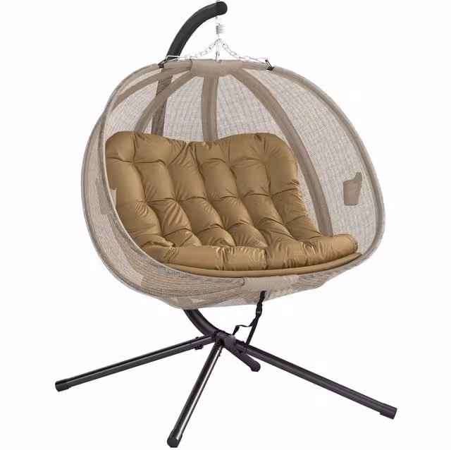 Outsunny Double Hanging Egg Chair 2 Seater Swing Hammock with Stand and Cushions in Brown – 1
