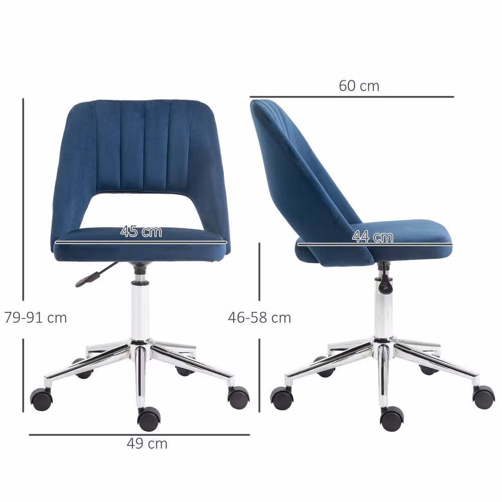 STILVORA Blue Velvet Armless Swivel Task Chair for Home Office, W/D/H: 46 x 49 x 60 cm – 2