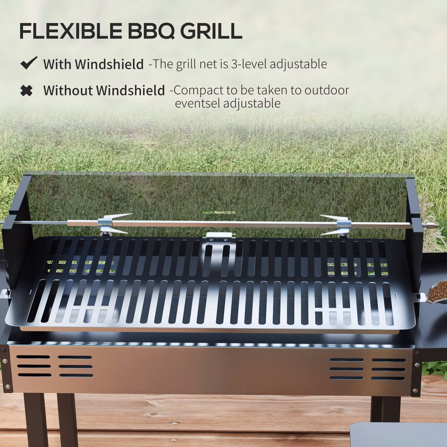 Outsunny Charcoal BBQ Rotisserie Grill with 3-Level Grate and Side Shelves, Black and Silver – 4