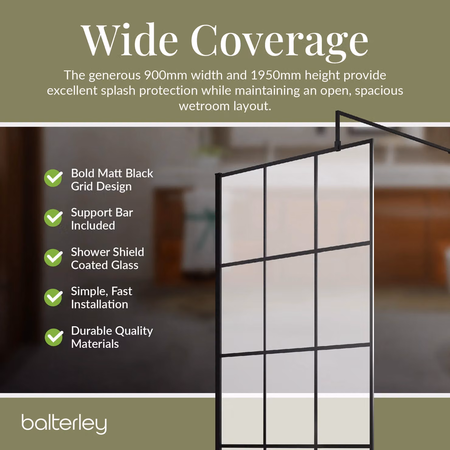 Balterley Single Panel 8mm Safety Glass Wetroom Screen with Black Frame, H 195 cm x W 90 cm – 4