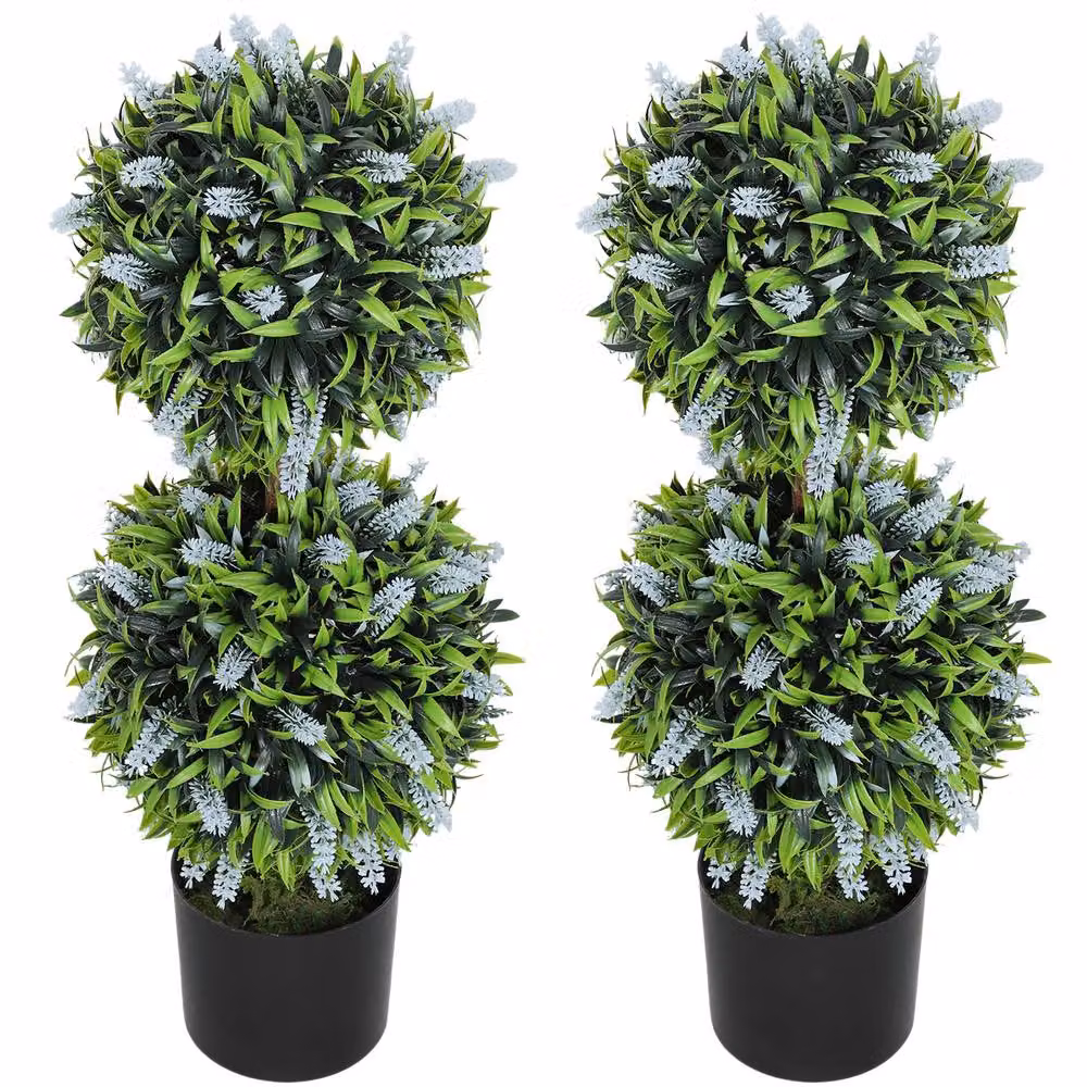 STILVORA Set of 2 Green Artificial Tabletop Trees in Plastic and Concrete Pots – 4
