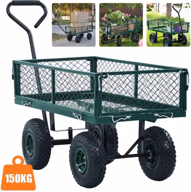 KORVIXA Heavy Duty Metal Garden Cart, Green, W/D/H: 1000 x 52 x 80 cm