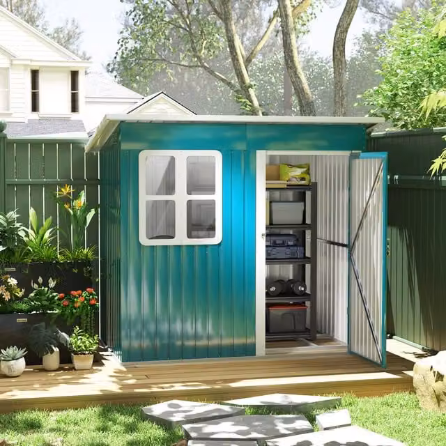 Outsunny Green Metal Pent Garden Shed with Window and Foundation Kit