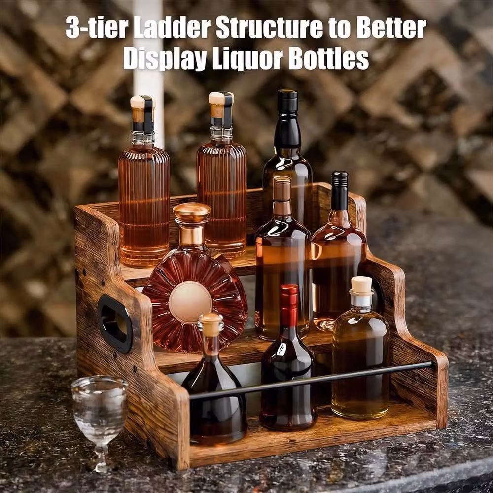 VOGREX Industrial Wooden and Metal Countertop Wine Bottle Display Rack in Brown – 2