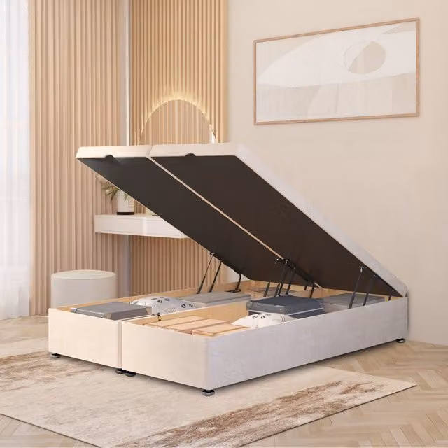 Somnior Beds Ltd Ottoman Divan Bed Frame with Gas Lift Base in Beige Plush Velvet, W/D: 120 x 200 cm
