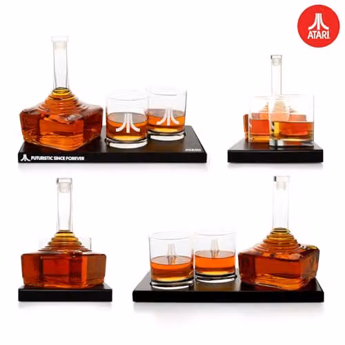 ThumbsUp! Official Atari Joystick Decanter Set with 2 x Atari Action Button Whisky Glasses and CX78+ Games Pad Tray, Transparent Lead-Free Crystal Glass, 750ml Decanter and 2 x 300ml Glasses – 4