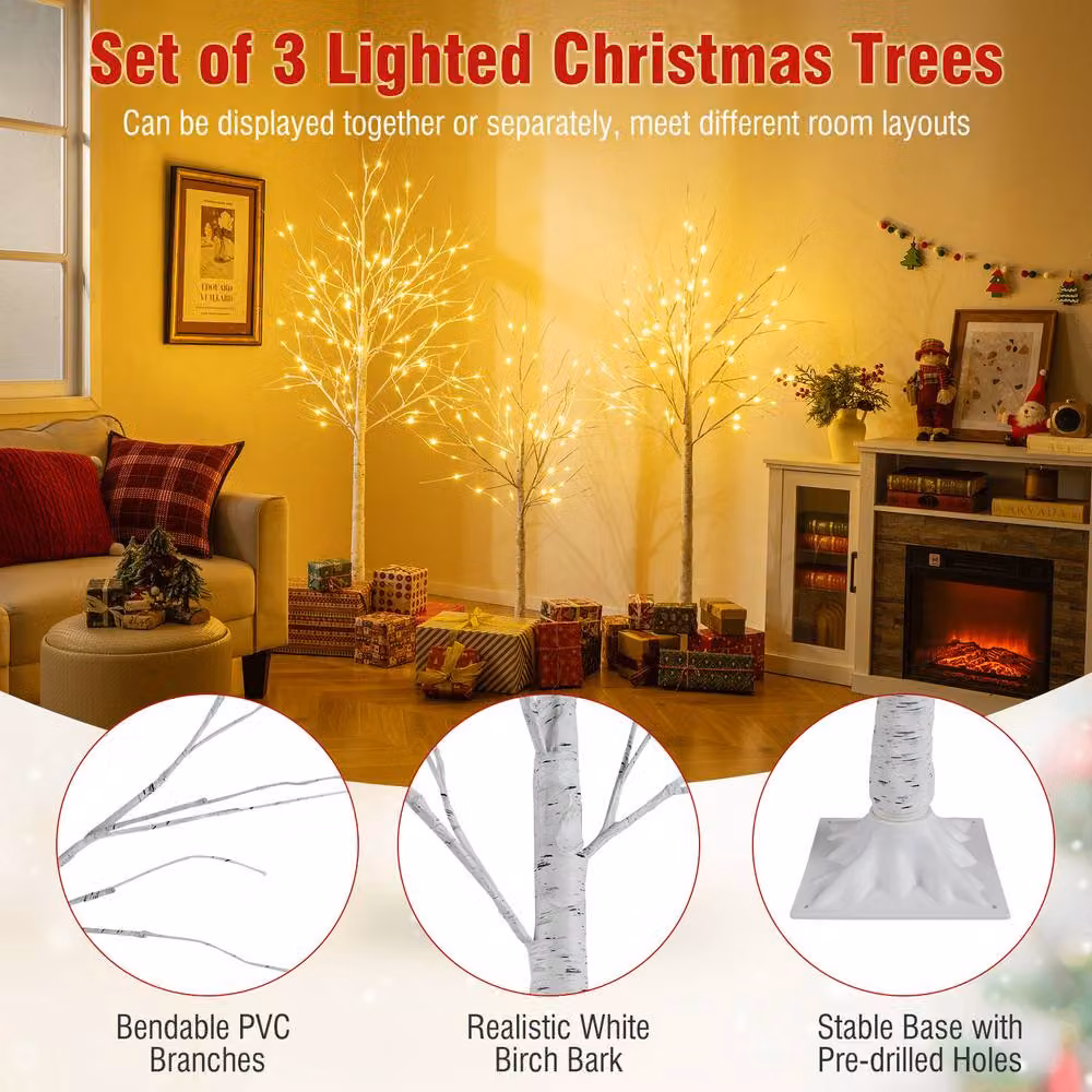 Costway Set of 3 Lighted White Birch Christmas Trees with Warm White LED Lights – 7