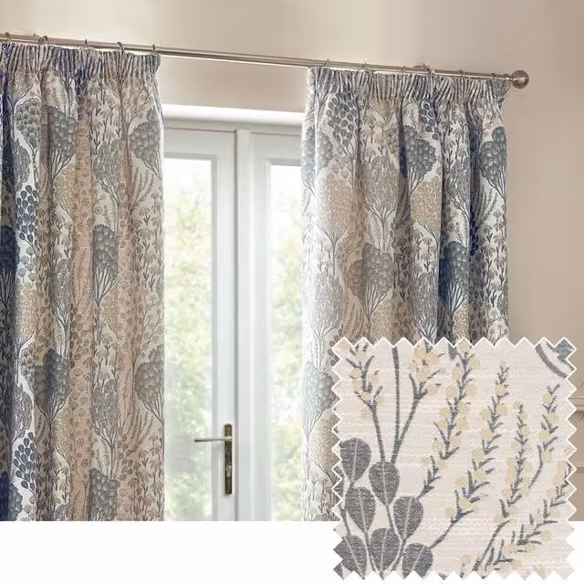 Wylder Ophelia Floral Room Darkening Pencil Pleat Curtain Pair in Mid Blue, Width: 168 cm, Drop: 229 cm