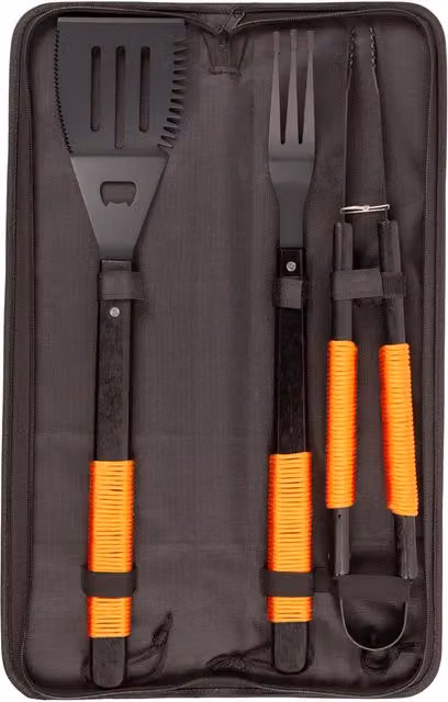 BobbyQ 3-Piece Wooden and Metal BBQ Tool Set in Orange