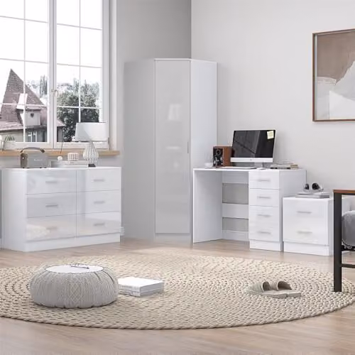 REFLECT Modern Bedroom Furniture Set in White Gloss and Matt White Finish including Corner Wardrobe, Wide Chest of Drawers, Bedside Table and Desk – 1