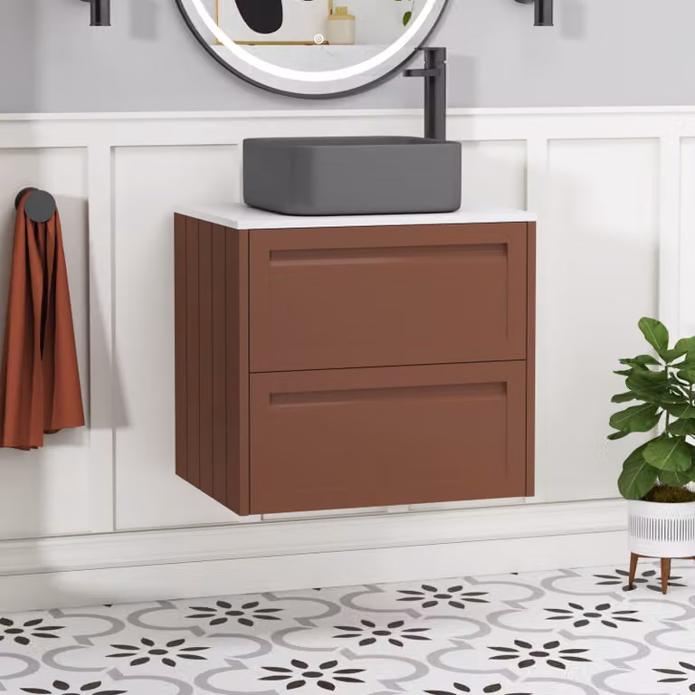 Royal Bathrooms Elmore 600mm Wall Hung Vanity Unit in Terracotta Clay with 2 Drawers, Plain White Worktop and Art Square Basin