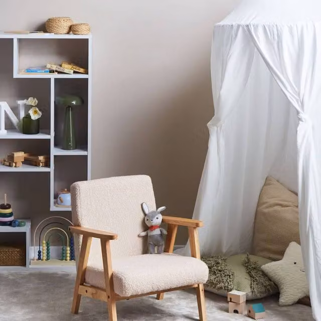 Wyld Haus Kids Bouclé Armchair in Beige with Natural Rubberwood Legs