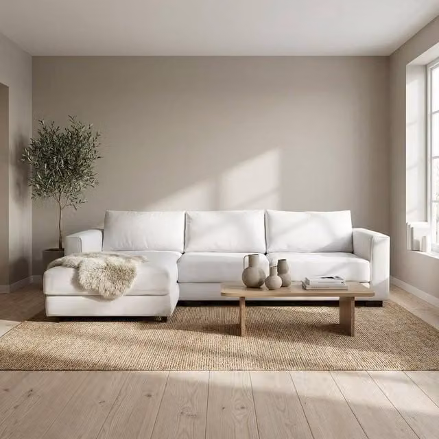 Abakus Direct Kaizer L-Shaped Corner Sofa in White Bouclé Fabric, Left Facing – 1