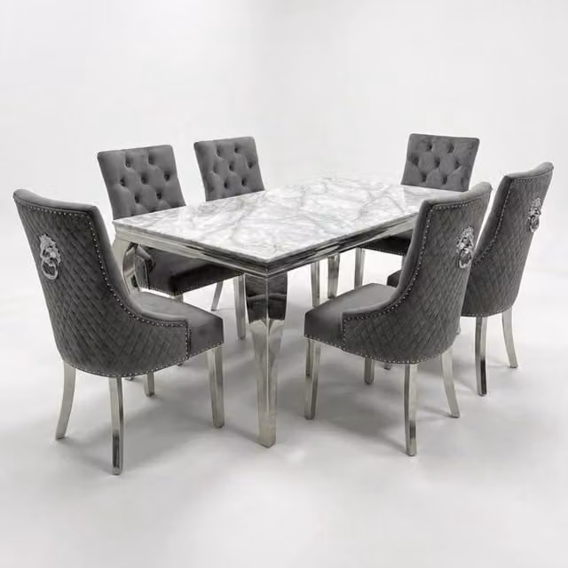Home Luxe Interior Sofia Dining Set with Cream Gold Marble Table and 6 Grey Lion Back Velvet Chairs, Width: 160 cm