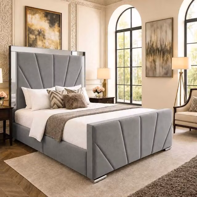 Sunrise Mirrored Bed by K Mehmood Enterprise Ltd in Grey, W/D/H: 140 x 200 cm