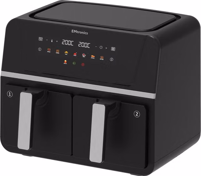 EMtronics 8 Litre Double Basket Air Fryer in Black and Stainless Steel