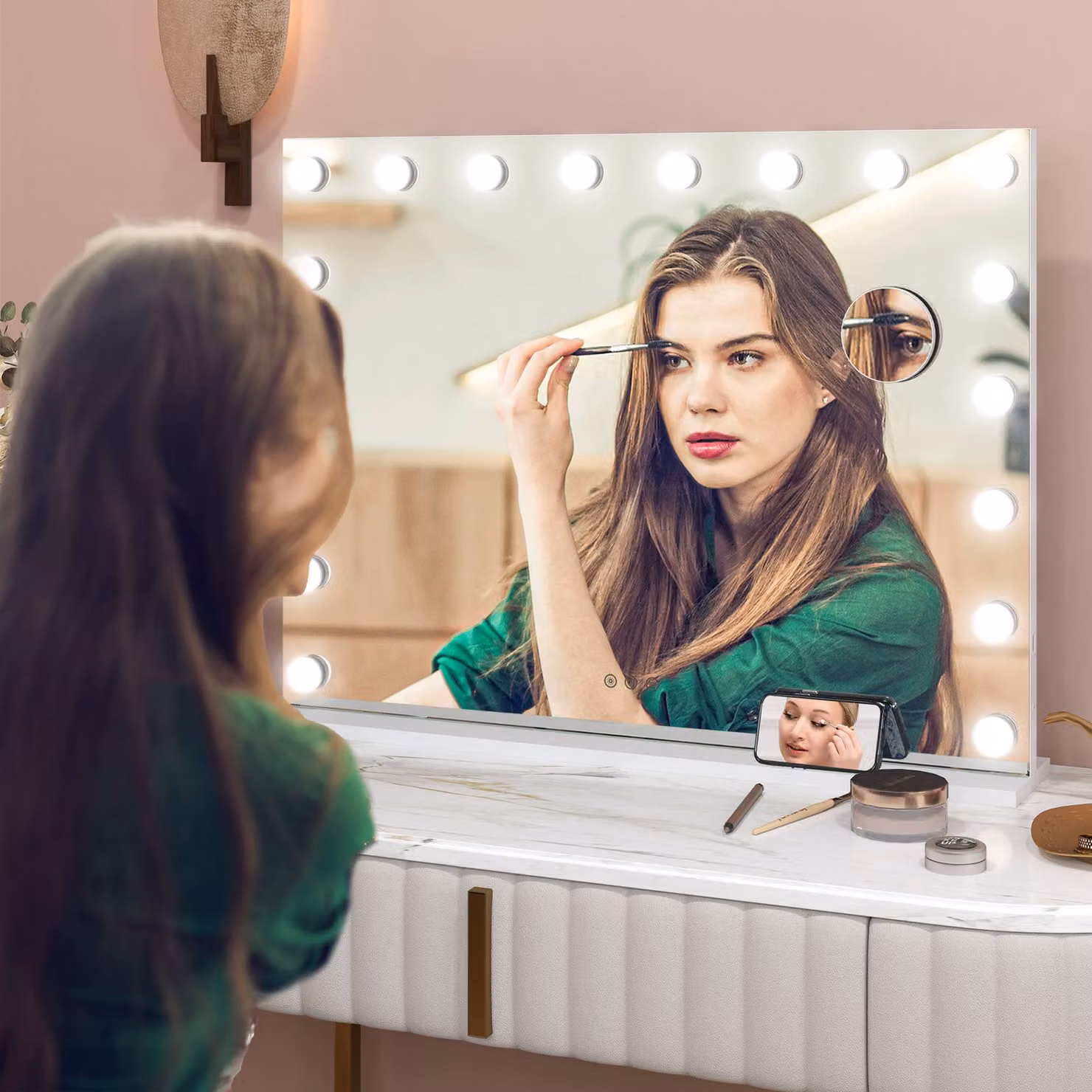 HOMCOM Hollywood Vanity Mirror with 18 LED Bulbs, 3 Colour Modes, 10X Magnification and USB Charging Port, White, W: 80 cm, H: 62 cm – 2