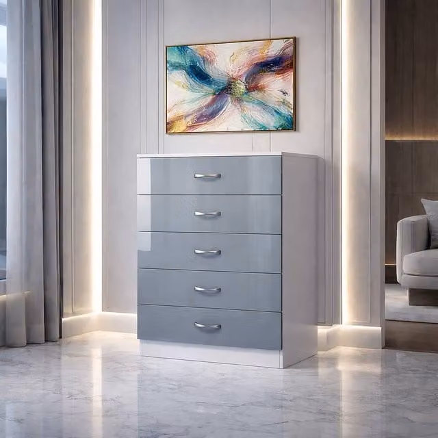 Harmin Modern High Gloss Grey and White 5 Drawer Sideboard Chest – 1