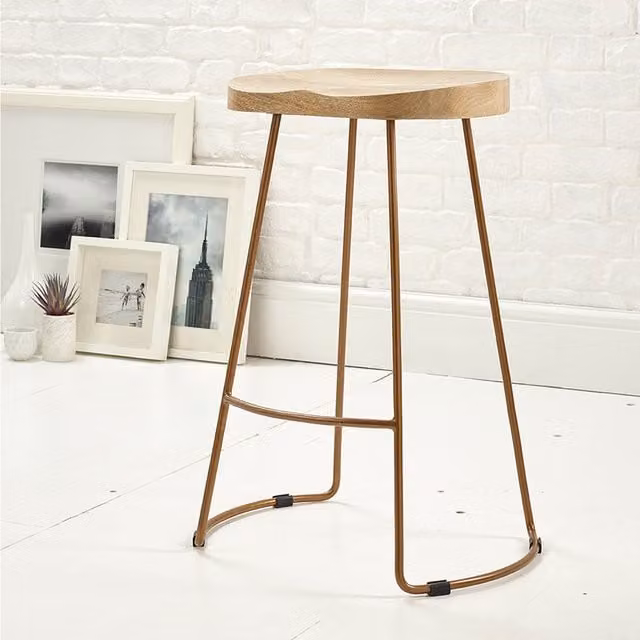 Elm Home And Garden Modern Mango Wood and Metal Breakfast Bar Stool in Gold