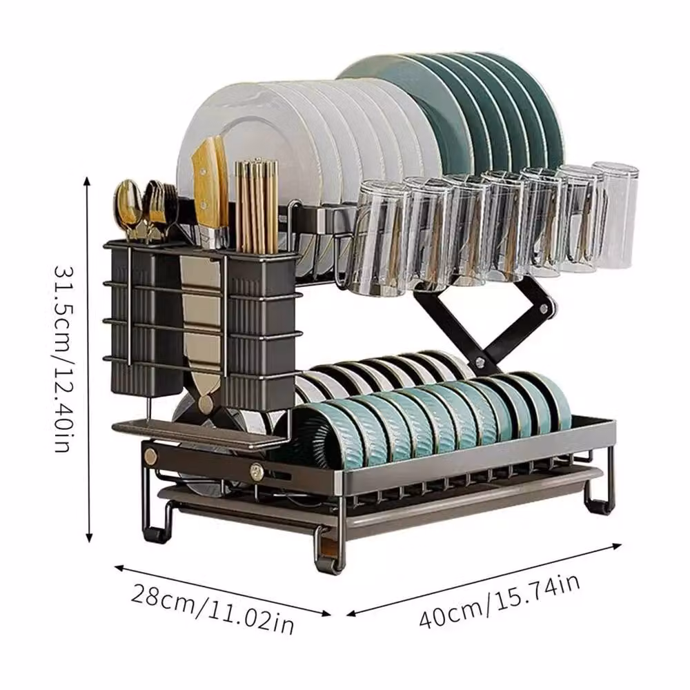 Nordara 2-Tier Black Dish Drying Rack with Drip Tray and Cutlery Holder – 2