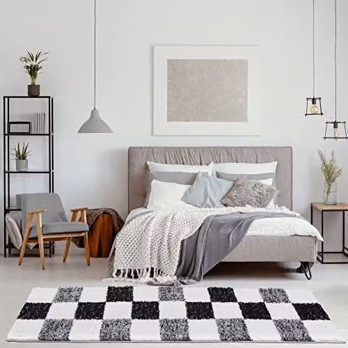 THE RUGS Modern Grey Checked High Pile Shaggy Area Rug, W/D/H: 80 x 300 x 3 cm – 4