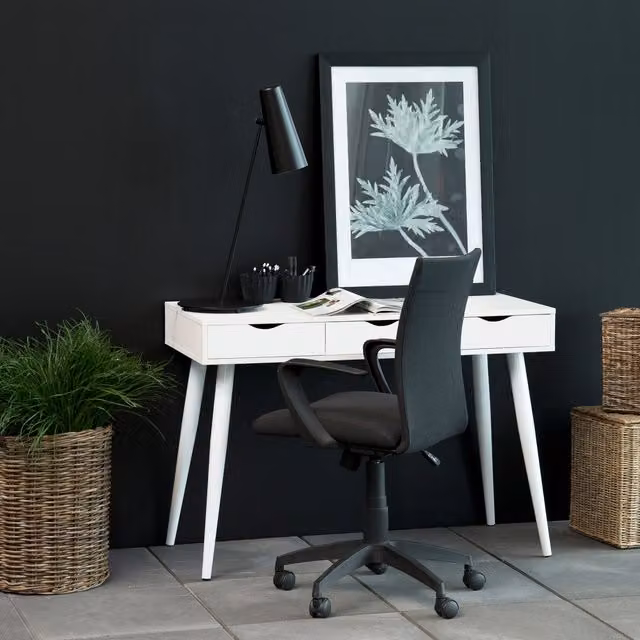 Furniture To Go Modern White Writing Desk with Single Pedestal and Metal Legs