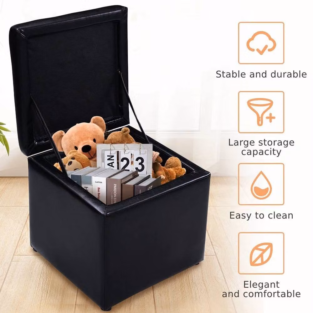 Hinsinc Faux Leather Cube Storage Ottoman Foot Stool in Black – 3