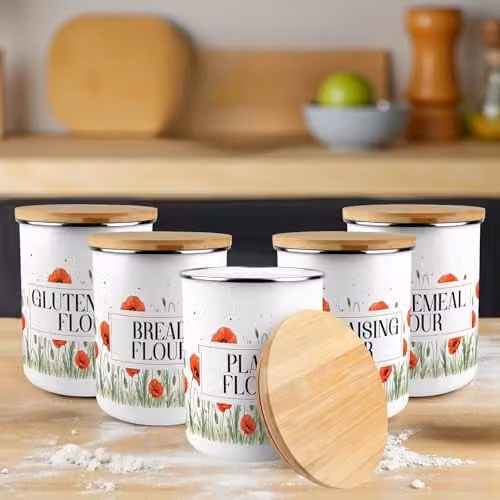 Purely Home Floral Enamel and Bamboo Airtight Bread Flour Canister in Red and White – 2