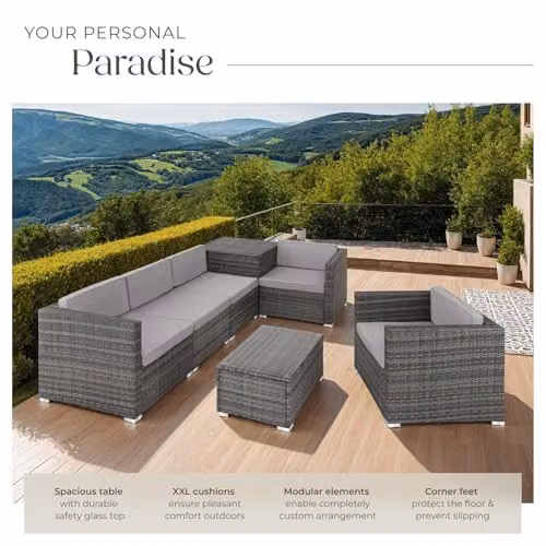 tectake Grey Rattan L-Shape Garden Lounge Set with Upholstered Cushions, Coffee Table and Matching Ottoman – 4