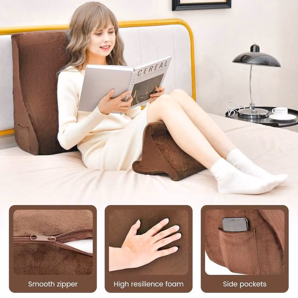 Kelvenix 4 in 1 Brown Bed Wedge Pillow with Side Pockets for Neck, Shoulder, Back and Knee Support – 3