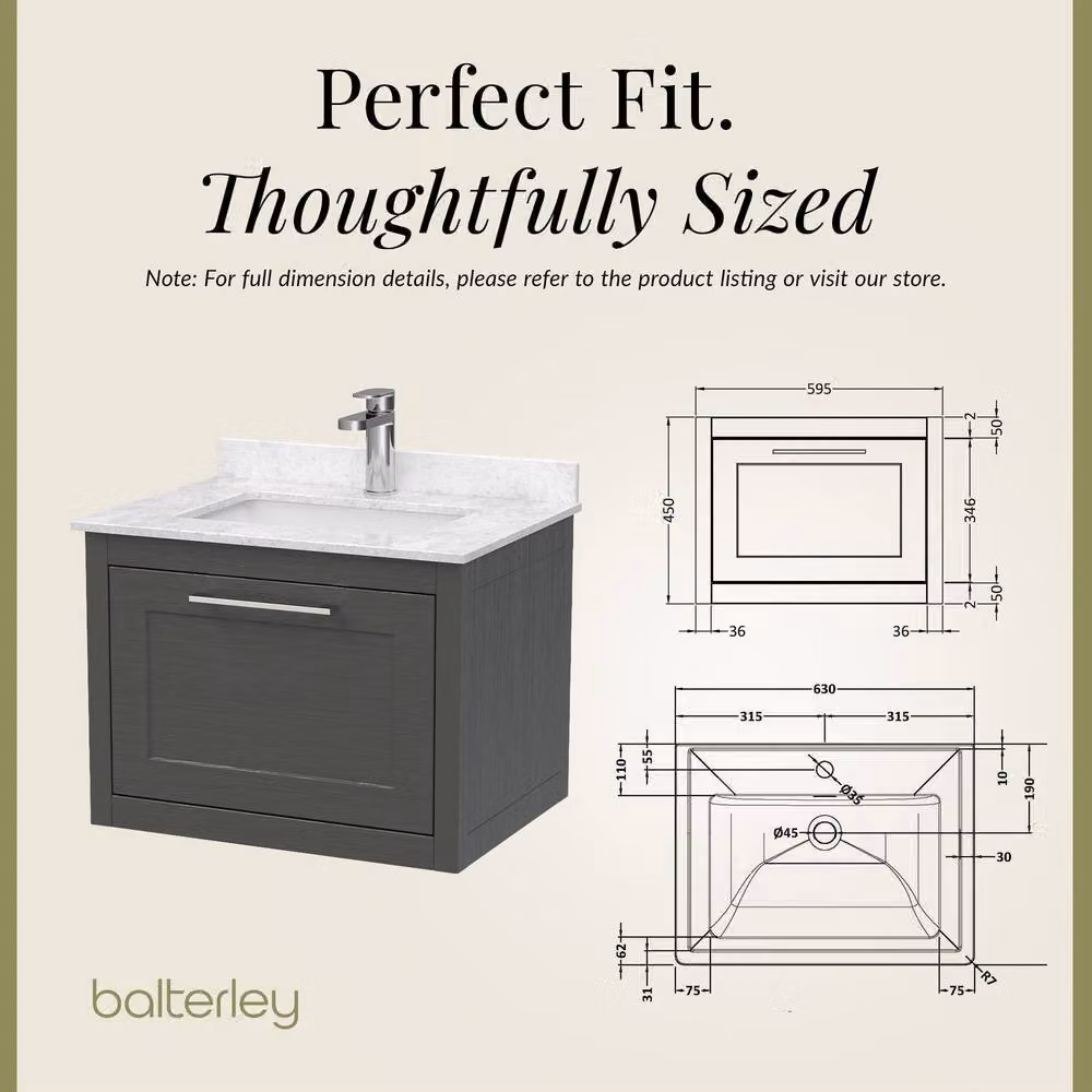 Balterley Blithbury 1 Drawer Vanity Basin Unit, Dark Grey Woodgrain with White Stone Top, Width: 60 cm – 4