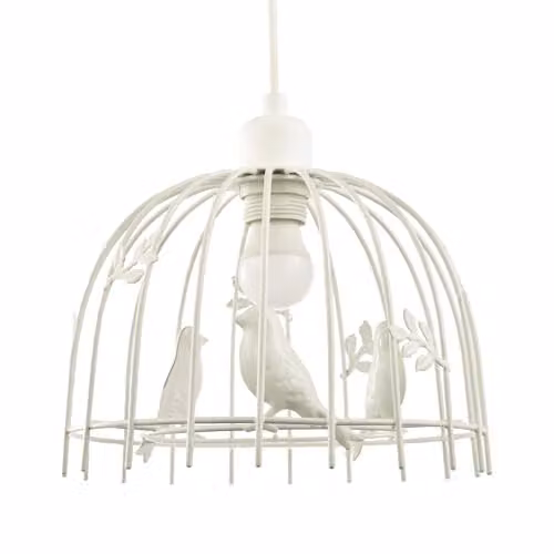 Happy Homewares White Gloss Metal Birdcage Pendant Light Shade with 3D Birds and Leaves, W: 25 cm, H: 16 cm