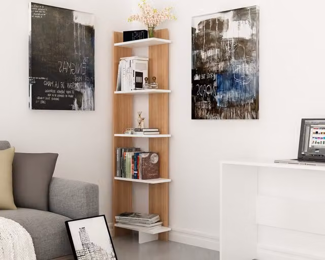 Decorotika Alica 5-Tier Freestanding Corner Bookshelf in White and Bronze