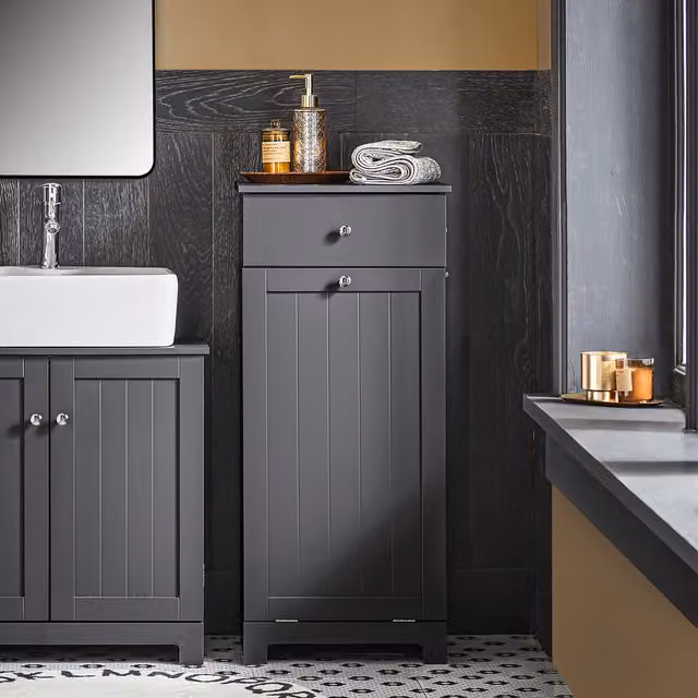 SoBuy Modern Freestanding Bathroom Laundry Cabinet with Hinged Doors and Drawers in Matt Grey
