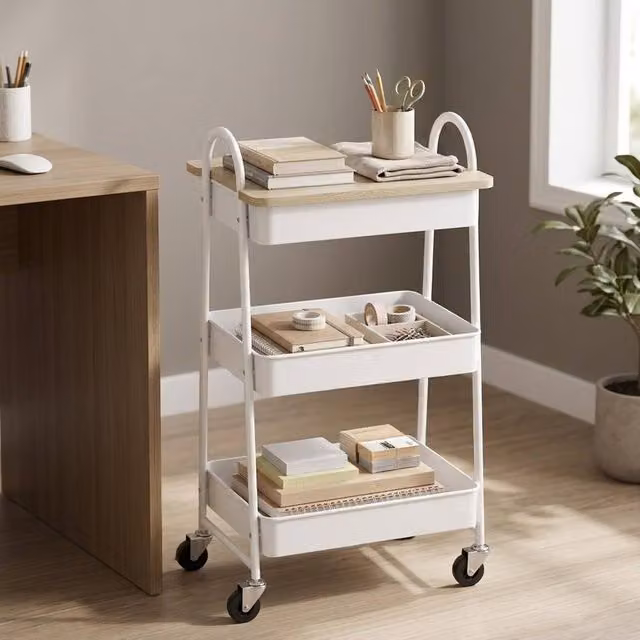 STILVORA 3-Tier Metal Storage Trolley with Wheels and Top Board in White
