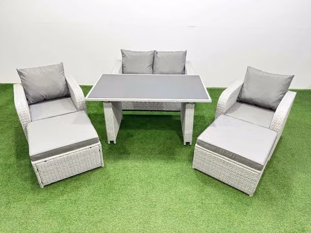 Fimous 6-Seater Outdoor Rattan Garden Furniture Dining Set with 2 Large Stools in Light Grey