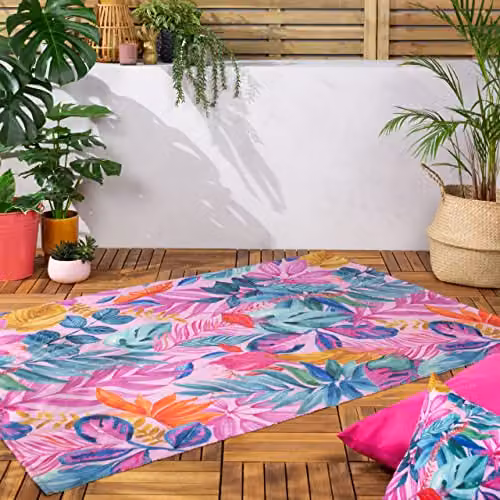 Riva Home Terrys Psychedelic Jungle Floral Outdoor Washable Flatweave Rug, Pink and Multicolour, W: 120 cm x L: 170 cm – 1