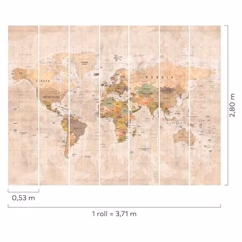 Grandeco World Map 7 Lane Textured Vinyl Mural, Multicolour, W: 280 cm, H: 371 cm – 2