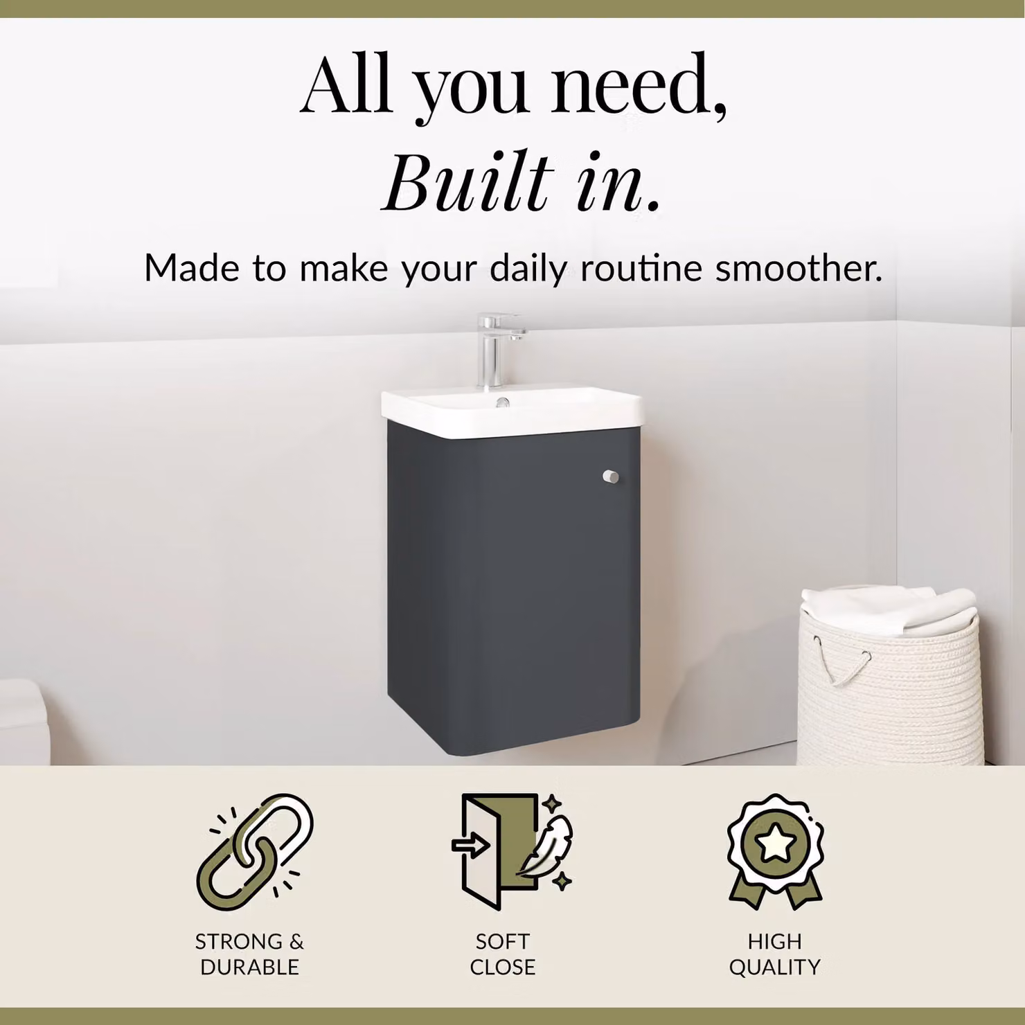Balterley Wall Hung 1 Door Modern Bathroom Vanity Unit with Ceramic Sink, Dark Grey, Width: 40 cm – 2