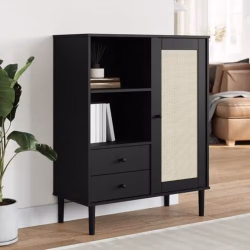 vidaXL SENJA Highboard in Black Rattan Look Solid Pine Wood with Hinged Doors and Internal Drawers, W/D/H: 90 x 40 x 112 cm – 2