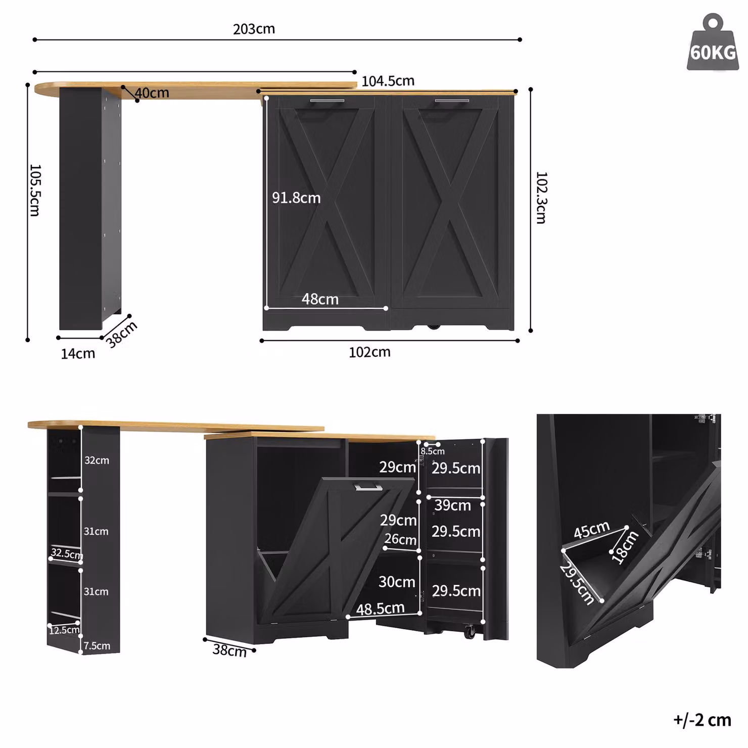 Aosom UK 360 Rotating Kitchen Island with Folding 3D Textured Doors and Side Shelves in Black, W: 138 cm, D: 38 cm, H: 105.5 cm – 3